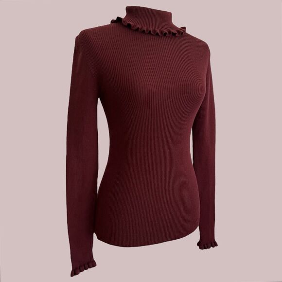 Boden Ribbed Ruffled Turtleneck Sweater Size S Burgundy Preppy Career Academia - Picture 1 of 11